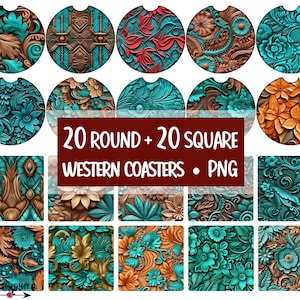3D Western Car Coaster Sublimation Bundle | Tooled Leather Drink Coaster PNG | Turquoise Square Designs