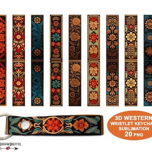 Western Keychain Wristlet PNG Bundle, 3D Tooled Leather Boho Aztec Key Fob Lanyard Sublimation Designs