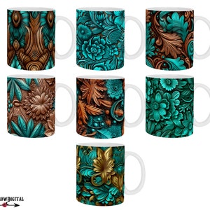 May include: Set of eight white ceramic mugs featuring a range of floral patterns in shades of teal, brown, and gold. The mugs have a classic design with a rounded body and a handle.