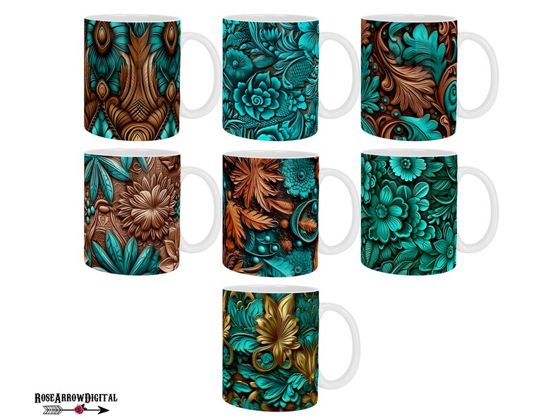 May include: Set of eight white ceramic mugs featuring a range of floral patterns in shades of teal, brown, and gold. The mugs have a classic design with a rounded body and a handle.