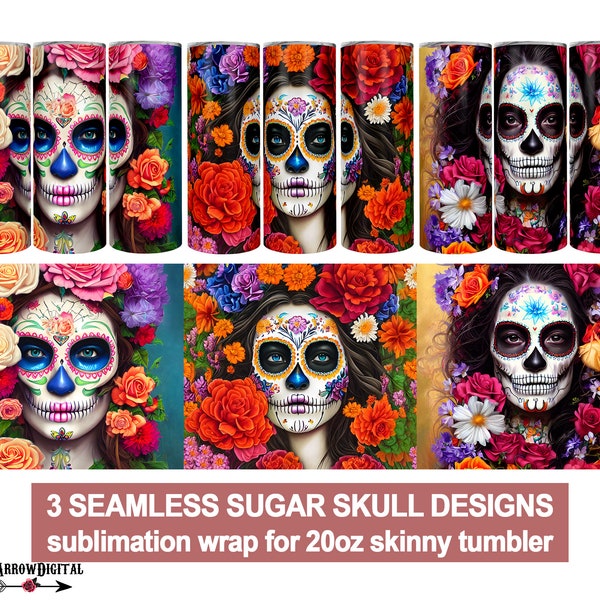 Sugar Skull Tumbler Wrap PNG Bundle | Catrina Tumbler Wrap | Seamless Sublimation Designs