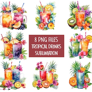 Tropical Drink PNG Sublimation Bundle | Watercolor Summer Cocktail Clipart