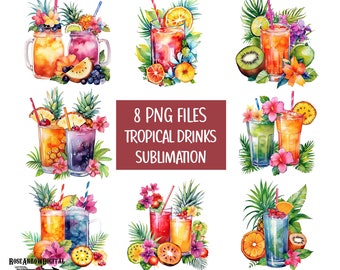 Tropical Drink PNG Sublimation Bundle | Watercolor Summer Cocktail Clipart