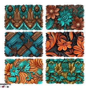May include: Six digital paper designs featuring intricate patterns in shades of teal, gold, and brown. The patterns include floral motifs, geometric shapes, and swirling designs.