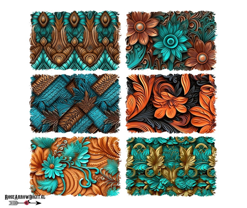 May include: Six digital paper designs featuring intricate patterns in shades of teal, gold, and brown. The patterns include floral motifs, geometric shapes, and swirling designs.