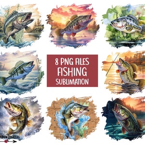 Pacote PNG de Pesca | Patches de sublimação de design de camiseta de peixe baixo | Conjunto de clipart de pescadores