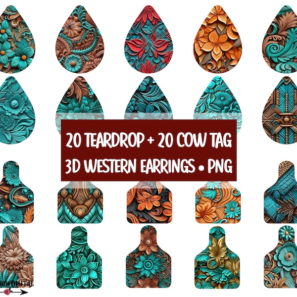 3D Earring Bundle | Western Teardrop Earring Sublimation Design | Tooled Leather Cow Tag PNG