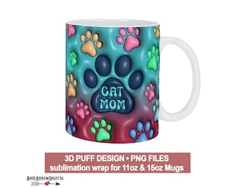 Kubek 3D z nadrukiem „Puffy Cat Mom” | Wzór sublimacji (pobranie cyfrowe)