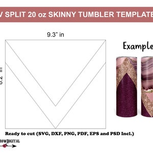 Puede incluir: Una plantilla para un vaso delgado de 20 oz con un diseño dividido en V, que mide 23,6 cm de ancho y 20,8 cm de alto. Incluye ejemplos de vasos con un diseño de purpurina y ágata morada. Texto: "Ready to cut (SVG, DXF, PNG, PDF, EPS and PSD Incl.)"