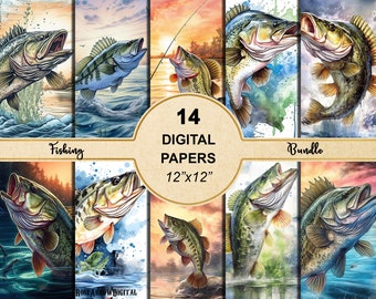 Fishing Digital Papers Bundle | 14 Fish Paper Pack Background Printable Scrapbook Set Download