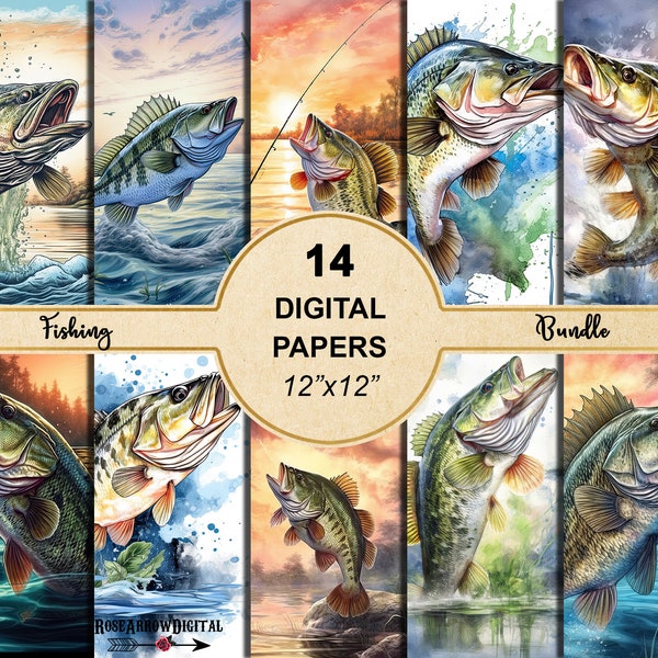 Fishing Digital Papers Bundle | 14 Fish Paper Pack Background Printable Scrapbook Set Download