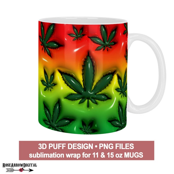 3D Inflated Weed Leaf Mug Wrap PNG | Puffy Marihuana on Rasta Flag Sublimation for 11oz & 15oz Mugs | Digital Design Download