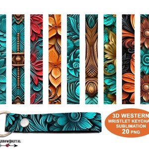 3D Western Keychain Wristlet PNG Bundle, Tooled Leather Boho Key Fob Lanyard Sublimation Designs