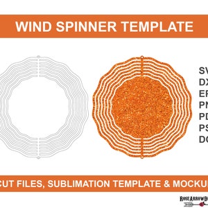 May include: A digital download template for a wind spinner with a wavy design. The template is shown in a mockup with an orange glitter background. The text "WIND SPINNER TEMPLATE" is at the top of the image. The text "CUT FILES, SUBLIMATION TEMPLATE & MOCKUP" is at the bottom of the image. The text "SVG, DXF, EPS, PNG, PDF, PSD, DOC" is on the right side of the image.