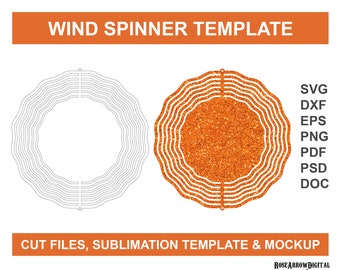 May include: A digital download template for a wind spinner with a wavy design. The template is shown in a mockup with an orange glitter background. The text "WIND SPINNER TEMPLATE" is at the top of the image. The text "CUT FILES, SUBLIMATION TEMPLATE & MOCKUP" is at the bottom of the image. The text "SVG, DXF, EPS, PNG, PDF, PSD, DOC" is on the right side of the image.