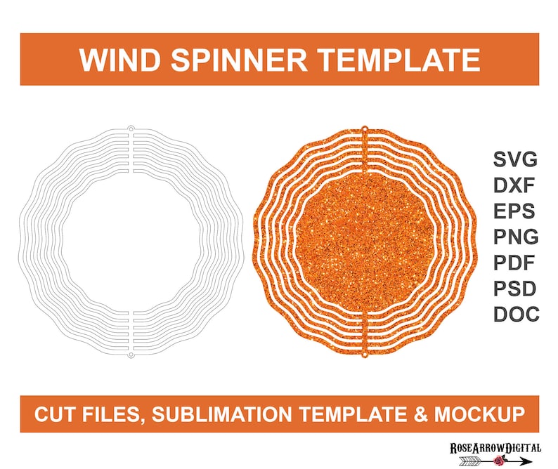 May include: A digital download template for a wind spinner with a wavy design. The template is shown in a mockup with an orange glitter background. The text "WIND SPINNER TEMPLATE" is at the top of the image. The text "CUT FILES, SUBLIMATION TEMPLATE & MOCKUP" is at the bottom of the image. The text "SVG, DXF, EPS, PNG, PDF, PSD, DOC" is on the right side of the image.