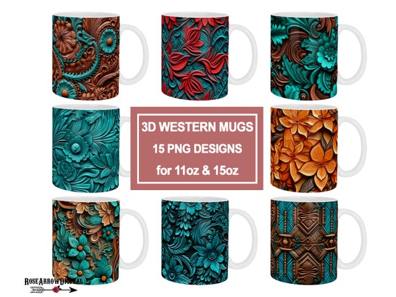 3D Western Mug Wrap PNG Bundle | Tooled Leather Mug Sublimation Designs Set