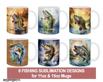 Paquete PNG de envoltura de taza de pesca / Diseños de sublimación de taza de lubina de pescado establecidos para pescadores