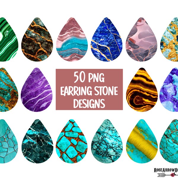 Marble Teardrop Earring PNG Sublimation Design Bundle, Gemstone 50 Tear Drop Files Download