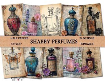 Shabby Victorian Perfume Bottles Junk Journal Printable Half Pages | Shabby Scrapbooking Ephemera Digital Papers