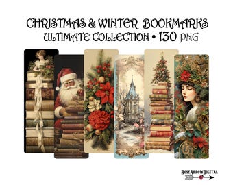 May include: A collection of Christmas and winter-themed bookmarks. The bookmarks feature illustrations of Santa Claus, Christmas trees, floral arrangements, and elegant women. The text "Christmas & Winter Bookmarks Ultimate Collection • 130 PNG" is displayed at the top.