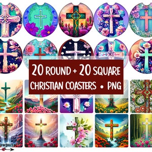 Christian Car Coaster Sublimation Bundle | Cross Drink Coaster PNG | Religious Round Design