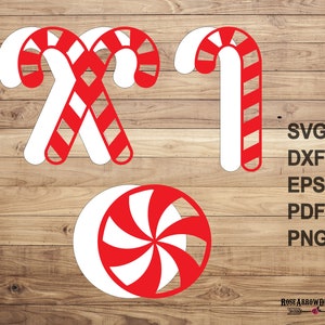 May include: A digital design featuring three red and white candy cane and peppermint swirl graphics. The candy canes have a striped pattern and a criss-cross design. The image also includes text: SVG, DXF, EPS, PDF, PNG.