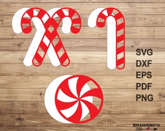 May include: A digital design featuring three red and white candy cane and peppermint swirl graphics. The candy canes have a striped pattern and a criss-cross design. The image also includes text: SVG, DXF, EPS, PDF, PNG.