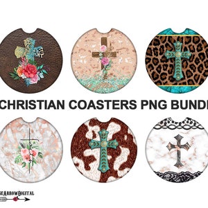 Christian Car Coaster Sublimation Bundle | Drink Coaster Cross Design PNG | Religious Round Keyring