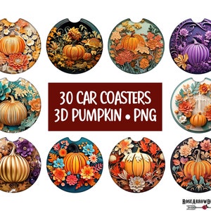 3D Car Coaster Pumpkin Sublimation Bundle | Fall Halloween Drink Coasters Designs PNG