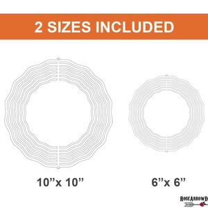 May include: Two sizes of a decorative wreath design, one measuring 10 inches by 10 inches and the other measuring 6 inches by 6 inches. The wreath is made up of a series of concentric circles with a wavy edge.