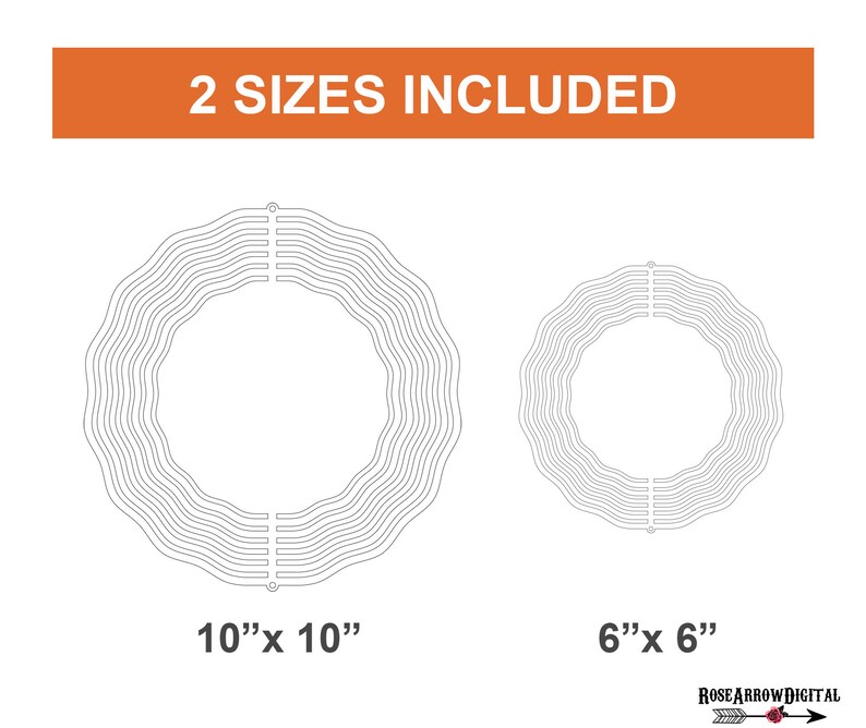 May include: Two sizes of a decorative wreath design, one measuring 10 inches by 10 inches and the other measuring 6 inches by 6 inches. The wreath is made up of a series of concentric circles with a wavy edge.