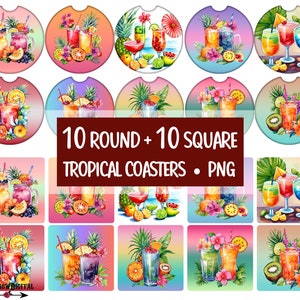 Posavasos de coche de playa de verano Paquete de sublimación PNG / Posavasos de bebida de cóctel de frutas tropicales / Diseños redondos y cuadrados