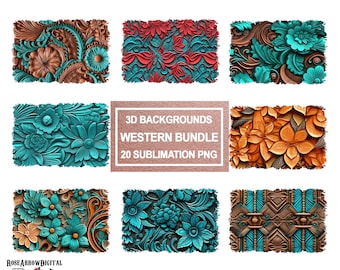 May include: A set of 20 digital sublimation PNG files featuring 3D Western-themed backgrounds. The backgrounds feature intricate floral patterns in shades of teal, orange, brown, and red.