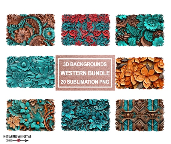 Western Sublimation Background PNG Bundle | 3D Tooled Leather T-shirt Patches | Southwest