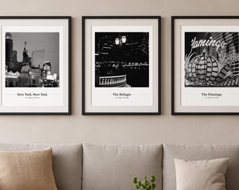 Las Vegas Wall Art Set – Black and White Vegas Prints – Retro Film Photo Trio – Flamingo, Bellagio, New York-New York – 8x10 11x14 16x20