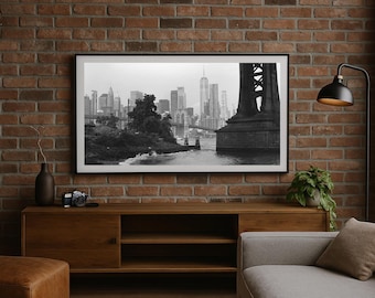 NYC Skyline Frame TV Art: Brooklyn Bridge Black and White (4K)