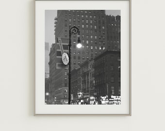 NYC Rainy Night Photography Print: Vintage Black and White Lamppost (Digital Download)