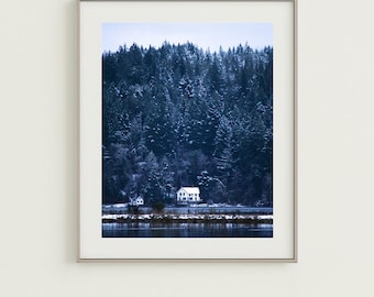 Snowy Cabin Print: Pacific Northwest Winter Landscape Photography