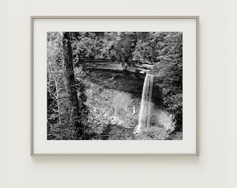Tunnel Falls Black and White Photograph - Indiana Waterfall Nature Print (8x10)
