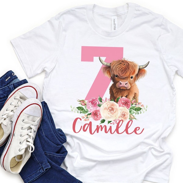 Custom Floral Highland Cow Birthday Shirt, Girl's Cow Birthday T-Shirt, Birthday Girl Cow Shirt, Custom Highland Cow Birthday Shirt