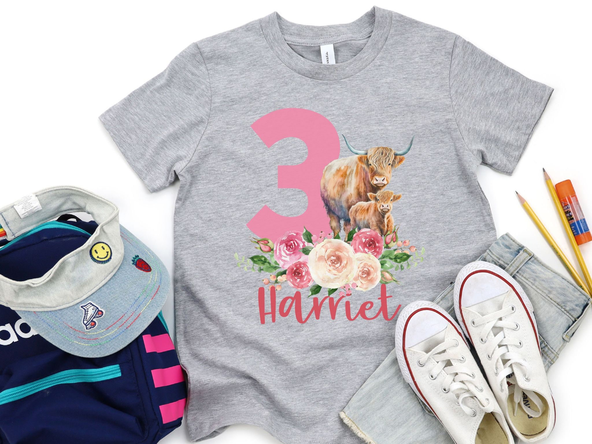 Custom Floral Highland Cow Birthday Shirt, Girl's Cow Birthday Tshirt