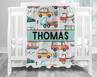 Vehicles Personalized Blanket, Baby Boy Name Blanket, Name Blanket, Custom Name Blanket, Child Trucks Blanket, Roads Name Blanket