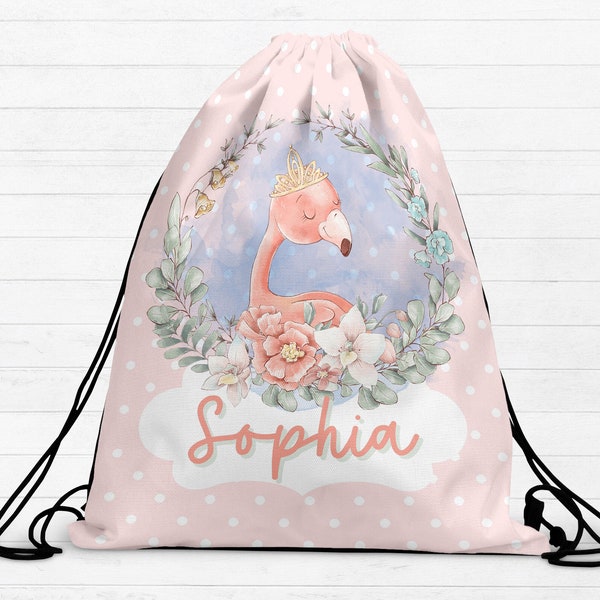 Personalized Flamingo Drawstring Bag, Flamingo Drawstring Backpack, Flamingo Backpack, Kids Personalized Bag, Girls Drawstring Bag