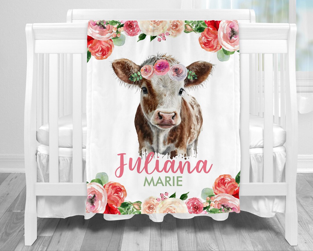 Personalized Baby Cow Name Blanket, Baby Girl Gift Blanket, Girl Name