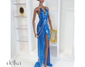 Vestido azul de 30 cm de largo para Fashion Royalty, vestido de malla metálica a escala 1:6 para muñecas de moda