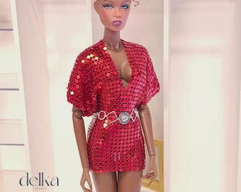 Red Metallic Mesh Dress for Fashion Royalty, 1:6 scale