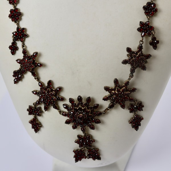 1880 Victorian Necklace 18k Yellow gold and silver antique old roos cut natural Bohemian Garnets ca. 95.00 Ct, Gift for Her.