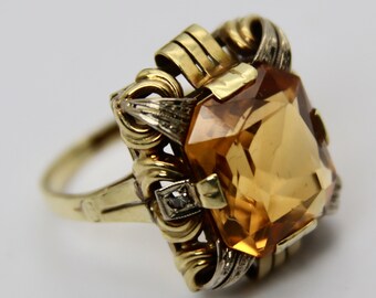 ca 1925 Art Deco German Platinum and 14k Yellow gold Ring 7.20 Ct natural Citrine and old cut roos cut Diamonds, rare antique ring