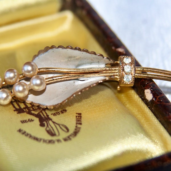 1880's-1890's Antique Yellow Gold-Plated Brooch with Mini Pearls Bouquet and strass stones detail